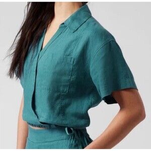 NWT XL Athleta Borealis Green Lightweight Playa Collared Linen Tie Top Shirt